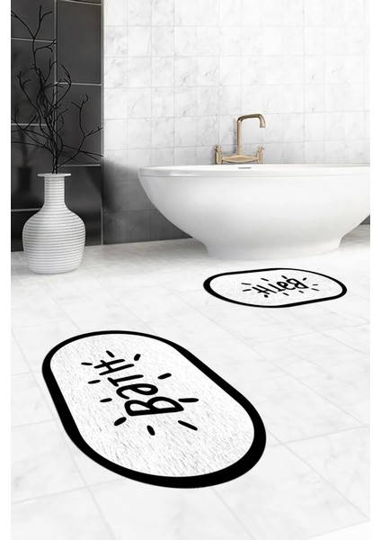 Dijital Baskılı Yıkanabilir Çerçeveli Bath Yazılı Ikili Oval Banyo Halısı Paspas, Klozet-10-Beyaz,