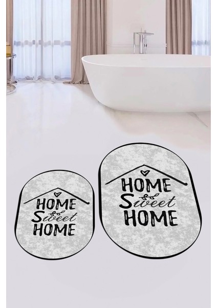 Dijital Baskılı Yıkanabilir Home Sweet Yazılı Ikili Oval Banyo Halısı Paspas, Klozet-14-Gri,