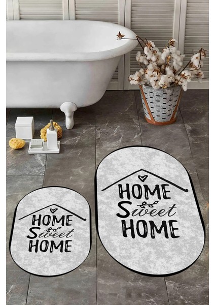 Dijital Baskılı Yıkanabilir Home Sweet Yazılı Ikili Oval Banyo Halısı Paspas, Klozet-14-Gri, fiyatları