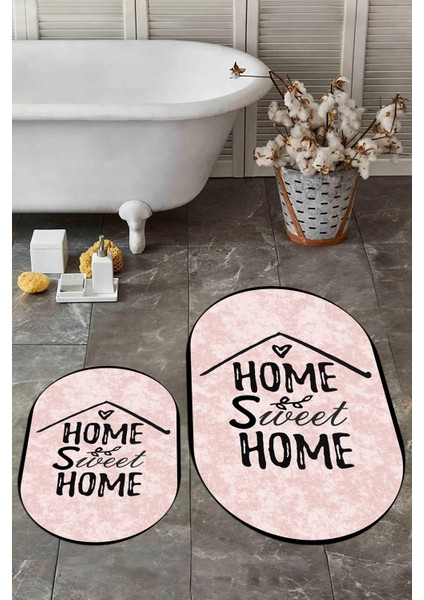 Dijital Baskılı Yıkanabilir Home Sweet Yazılı Ikili Oval Banyo Halısı Paspas, Klozet-14-Pembe, fiyatları