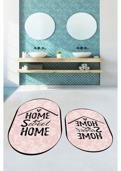 Dijital Baskılı Yıkanabilir Home Sweet Yazılı Ikili Oval Banyo Halısı Paspas, Klozet-14-Pembe, fırsatları