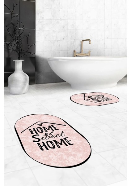 Dijital Baskılı Yıkanabilir Home Sweet Yazılı Ikili Oval Banyo Halısı Paspas, Klozet-14-Pembe, indirimleri