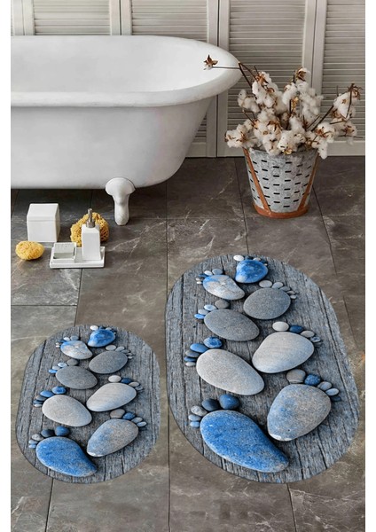 3d Dijital Baskılı Yıkanabilir Ayak Izi Desenli Ikili Oval Banyo Halısı Paspas, Klozet-15-Mavi,