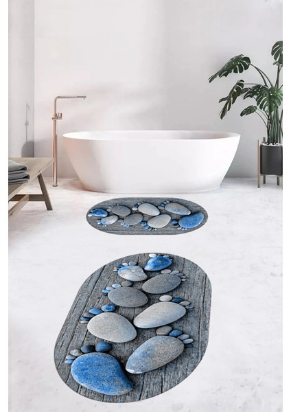 3d Dijital Baskılı Yıkanabilir Ayak Izi Desenli Ikili Oval Banyo Halısı Paspas, Klozet-15-Mavi, fiyatları