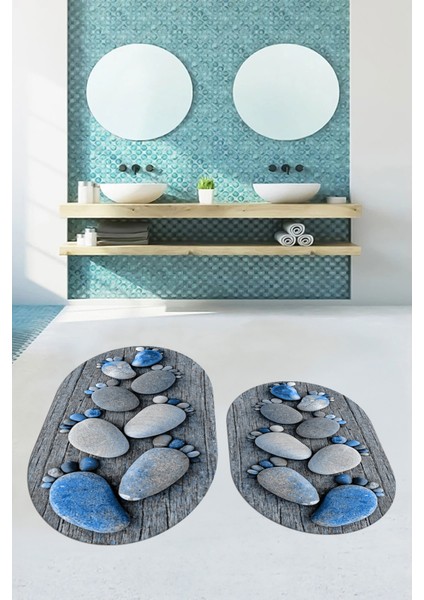 3d Dijital Baskılı Yıkanabilir Ayak Izi Desenli Ikili Oval Banyo Halısı Paspas, Klozet-15-Mavi, modelleri