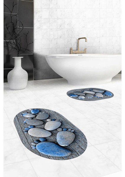 3d Dijital Baskılı Yıkanabilir Ayak Izi Desenli Ikili Oval Banyo Halısı Paspas, Klozet-15-Mavi, fırsatları