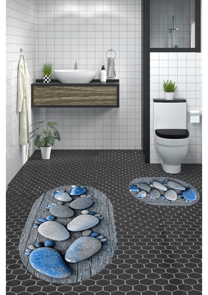 3d Dijital Baskılı Yıkanabilir Ayak Izi Desenli Ikili Oval Banyo Halısı Paspas, Klozet-15-Mavi, indirimleri