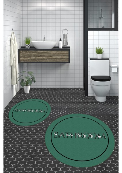 Dijital Baskılı Yıkanabilir Çerçeveli Bathroom Yazılı Yuvarlak Banyo Paspası, Klozet-06-Yeşil,