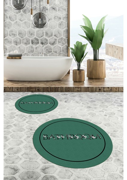 Dijital Baskılı Yıkanabilir Çerçeveli Bathroom Yazılı Yuvarlak Banyo Paspası, Klozet-06-Yeşil, fiyatları