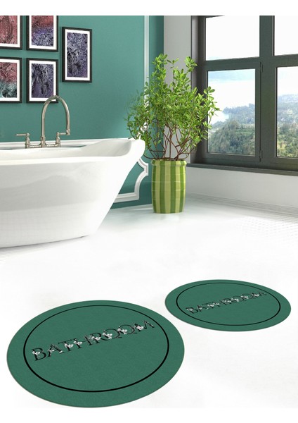 Dijital Baskılı Yıkanabilir Çerçeveli Bathroom Yazılı Yuvarlak Banyo Paspası, Klozet-06-Yeşil, fırsatları