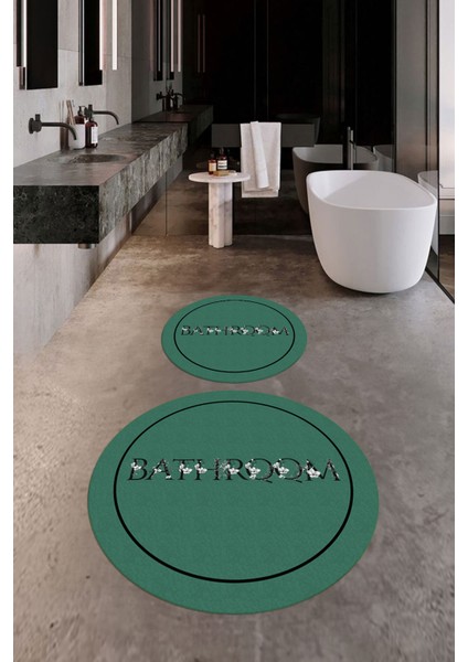 Dijital Baskılı Yıkanabilir Çerçeveli Bathroom Yazılı Yuvarlak Banyo Paspası, Klozet-06-Yeşil, indirimleri