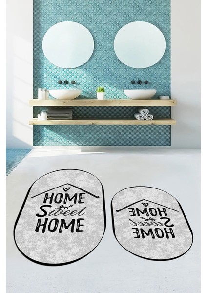 Dijital Baskılı Yıkanabilir Home Sweet Yazılı Ikili Oval Banyo Halısı Paspas, Klozet-14-Gri, fırsatları