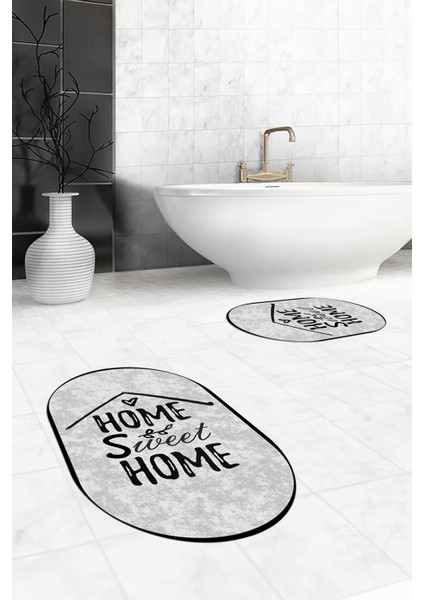 Dijital Baskılı Yıkanabilir Home Sweet Yazılı Ikili Oval Banyo Halısı Paspas, Klozet-14-Gri, indirimleri