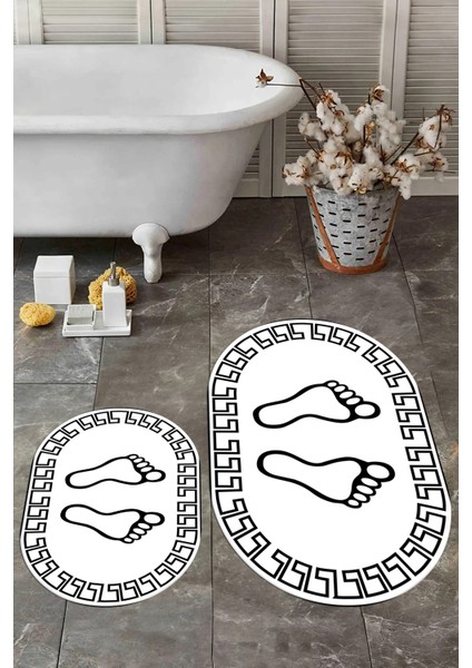Dijital Baskılı Yıkanabilir Çerçeveli Ayak Izi Desenli Ikili Oval Banyo Halısı, Klozet-19-Beyaz,
