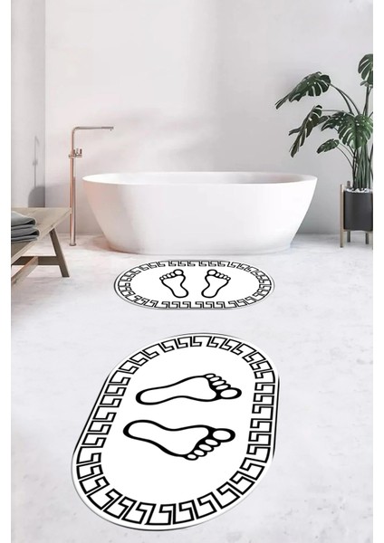 Dijital Baskılı Yıkanabilir Çerçeveli Ayak Izi Desenli Ikili Oval Banyo Halısı, Klozet-19-Beyaz, fiyatları
