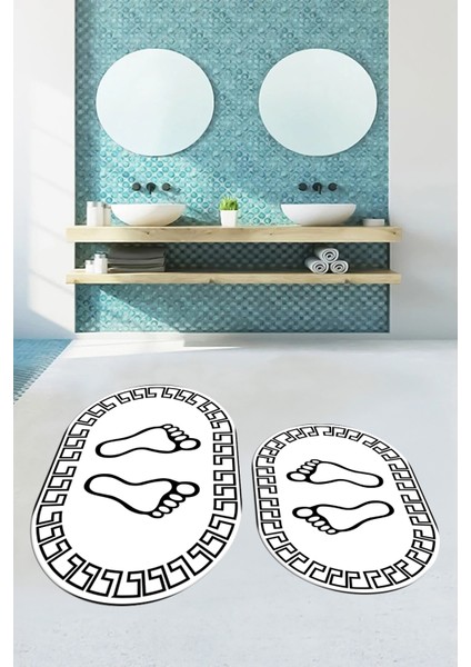 Dijital Baskılı Yıkanabilir Çerçeveli Ayak Izi Desenli Ikili Oval Banyo Halısı, Klozet-19-Beyaz, modelleri