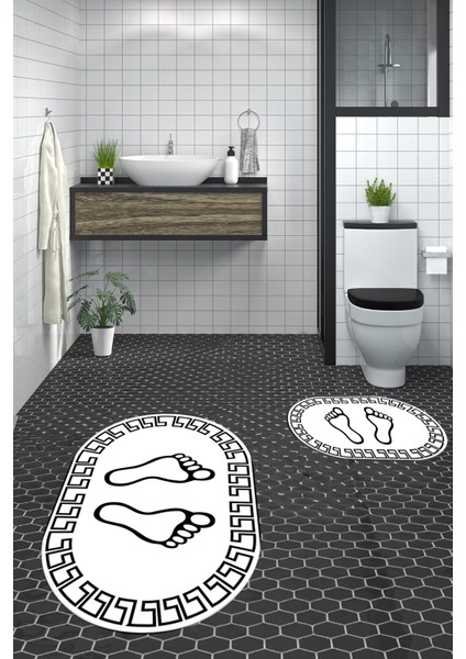 Dijital Baskılı Yıkanabilir Çerçeveli Ayak Izi Desenli Ikili Oval Banyo Halısı, Klozet-19-Beyaz, indirimleri