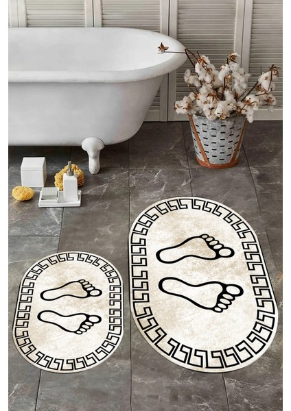 Dijital Baskılı Yıkanabilir Çerçeveli Ayak Izi Desenli Ikili Oval Banyo Halısı, Klozet-19-Kahve,