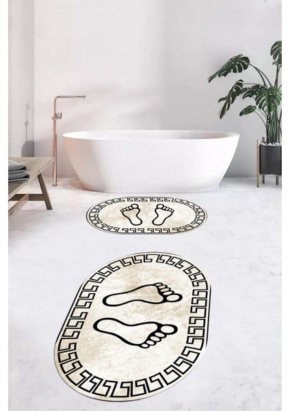 Dijital Baskılı Yıkanabilir Çerçeveli Ayak Izi Desenli Ikili Oval Banyo Halısı, Klozet-19-Kahve, fiyatları