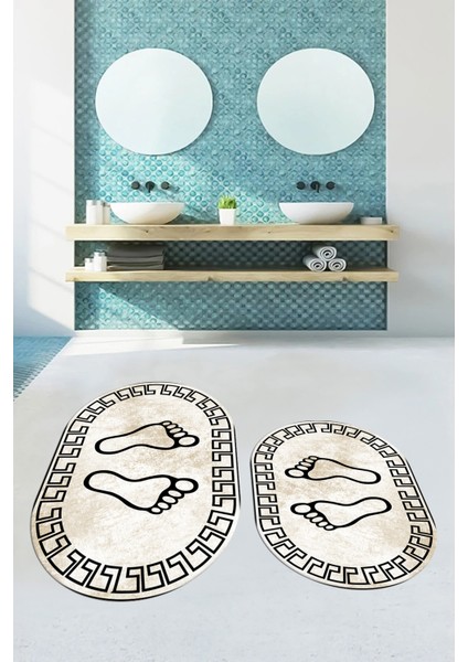 Dijital Baskılı Yıkanabilir Çerçeveli Ayak Izi Desenli Ikili Oval Banyo Halısı, Klozet-19-Kahve, modelleri