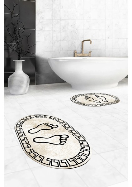 Dijital Baskılı Yıkanabilir Çerçeveli Ayak Izi Desenli Ikili Oval Banyo Halısı, Klozet-19-Kahve, fırsatları