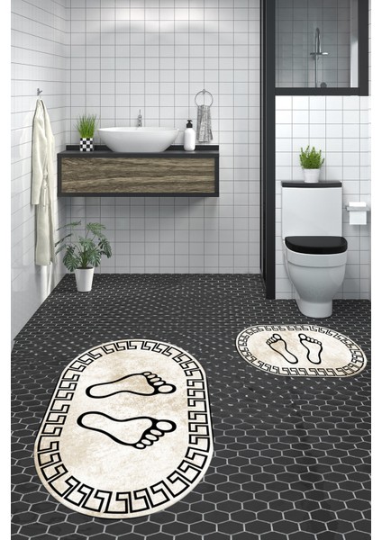 Dijital Baskılı Yıkanabilir Çerçeveli Ayak Izi Desenli Ikili Oval Banyo Halısı, Klozet-19-Kahve, indirimleri