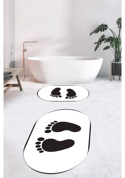 Dijital Baskılı Yıkanabilir Sade Ayak Izi Desenli Ikili Oval Banyo Halısı, Klozet-21-Beyaz,