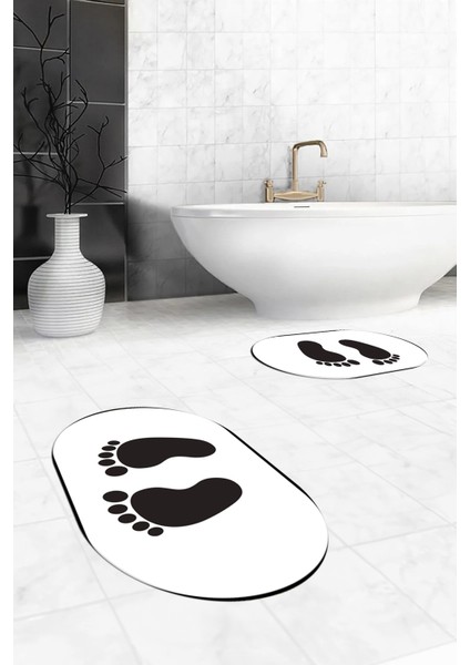Dijital Baskılı Yıkanabilir Sade Ayak Izi Desenli Ikili Oval Banyo Halısı, Klozet-21-Beyaz, modelleri