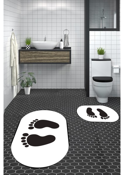 Dijital Baskılı Yıkanabilir Sade Ayak Izi Desenli Ikili Oval Banyo Halısı, Klozet-21-Beyaz, fırsatları