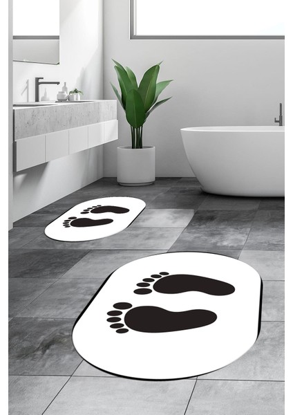 Dijital Baskılı Yıkanabilir Sade Ayak Izi Desenli Ikili Oval Banyo Halısı, Klozet-21-Beyaz, indirimleri