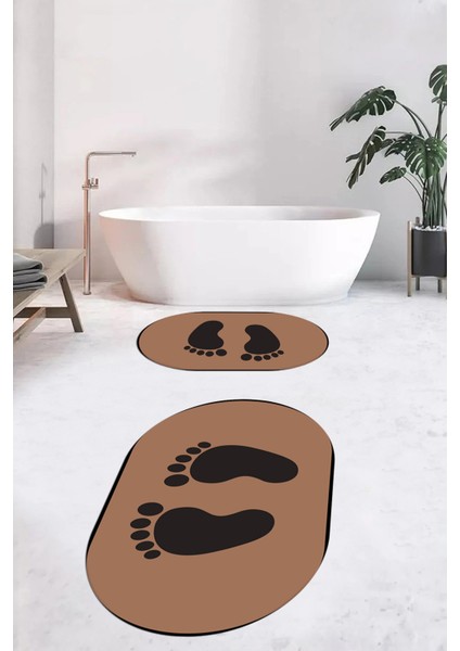 Dijital Baskılı Yıkanabilir Sade Ayak Izi Desenli Ikili Oval Banyo Halısı, Klozet-21-Kahve,