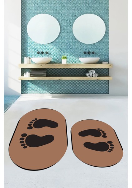 Dijital Baskılı Yıkanabilir Sade Ayak Izi Desenli Ikili Oval Banyo Halısı, Klozet-21-Kahve, fiyatları