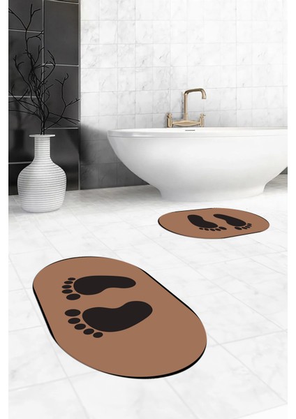 Dijital Baskılı Yıkanabilir Sade Ayak Izi Desenli Ikili Oval Banyo Halısı, Klozet-21-Kahve, modelleri
