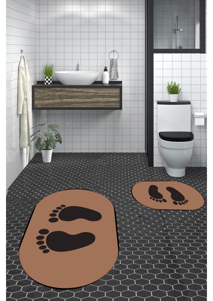 Dijital Baskılı Yıkanabilir Sade Ayak Izi Desenli Ikili Oval Banyo Halısı, Klozet-21-Kahve, fırsatları