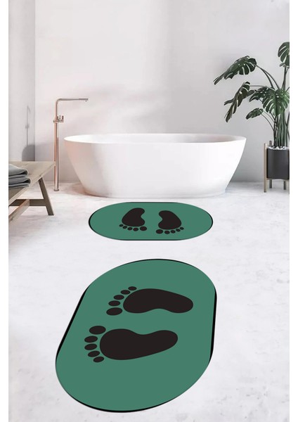Dijital Baskılı Yıkanabilir Sade Ayak Izi Desenli Ikili Oval Banyo Halısı, Klozet-21-Yeşil,