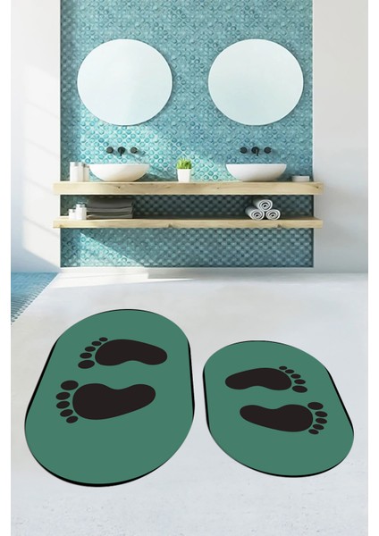 Dijital Baskılı Yıkanabilir Sade Ayak Izi Desenli Ikili Oval Banyo Halısı, Klozet-21-Yeşil,