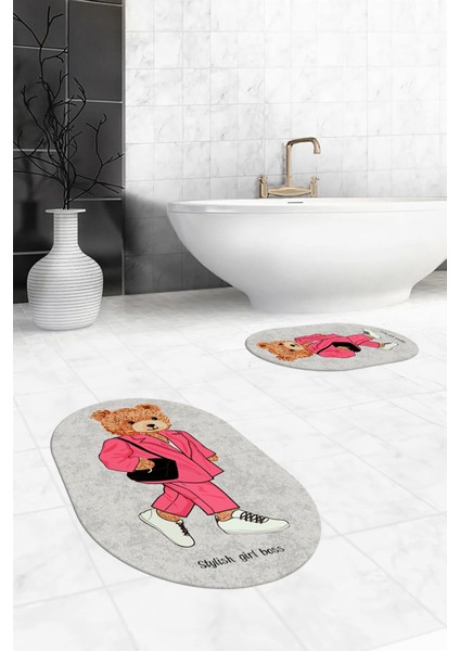 Dijital Baskılı Yıkanabilir Ayıcık Desenli Ikili Banyo Halısı Paspas Oval, Klozet-34-Gri,