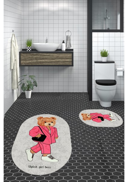 Dijital Baskılı Yıkanabilir Ayıcık Desenli Ikili Banyo Halısı Paspas Oval, Klozet-34-Gri, fiyatları