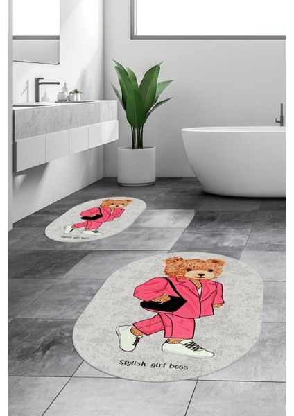 Dijital Baskılı Yıkanabilir Ayıcık Desenli Ikili Banyo Halısı Paspas Oval, Klozet-34-Gri, modelleri