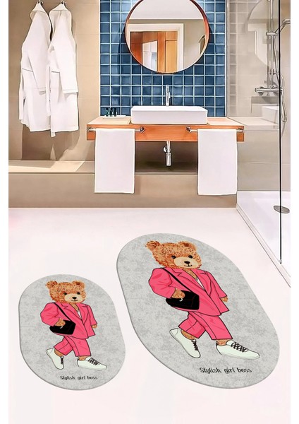 Dijital Baskılı Yıkanabilir Ayıcık Desenli Ikili Banyo Halısı Paspas Oval, Klozet-34-Gri, fırsatları