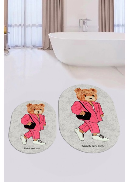 Dijital Baskılı Yıkanabilir Ayıcık Desenli Ikili Banyo Halısı Paspas Oval, Klozet-34-Gri, indirimleri
