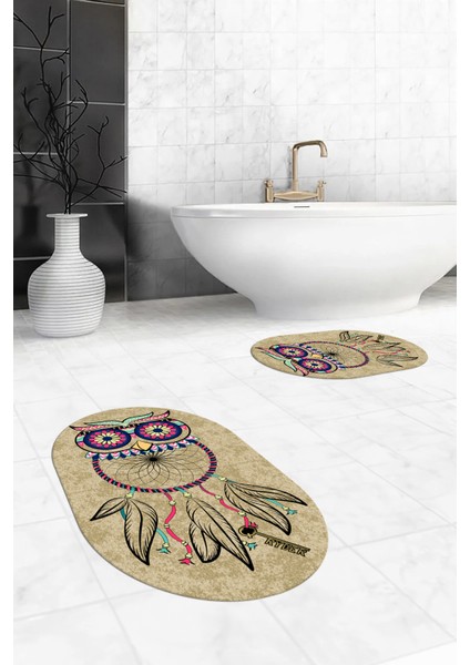 Dijital Baskılı Yıkanabilir Baykuş Desenli Ikili Banyo Halısı Paspas Oval, Klozet-35-Kahve,