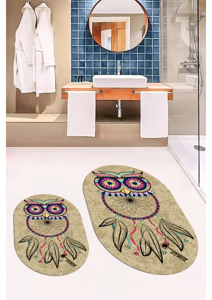 Dijital Baskılı Yıkanabilir Baykuş Desenli Ikili Banyo Halısı Paspas Oval, Klozet-35-Kahve,