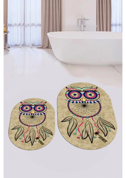 Dijital Baskılı Yıkanabilir Baykuş Desenli Ikili Banyo Halısı Paspas Oval, Klozet-35-Kahve,