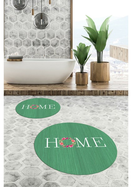 Dijital Baskılı Yıkanabilir Çiçekli Home Yazılı Ikili Yuvarlak Banyo Halısı Paspas, Klozet-12-Yeşil,