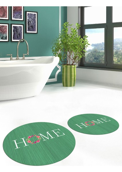 Dijital Baskılı Yıkanabilir Çiçekli Home Yazılı Ikili Yuvarlak Banyo Halısı Paspas, Klozet-12-Yeşil, modelleri