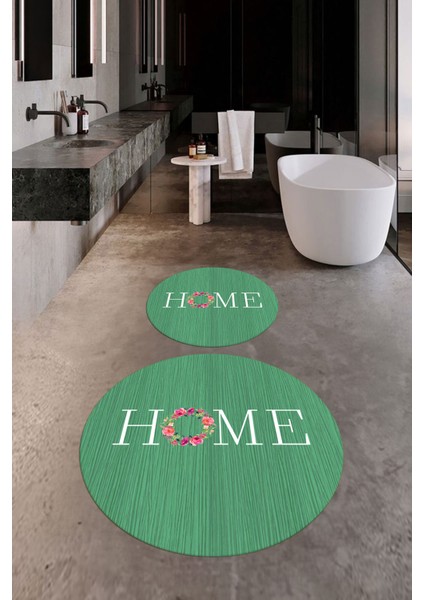 Dijital Baskılı Yıkanabilir Çiçekli Home Yazılı Ikili Yuvarlak Banyo Halısı Paspas, Klozet-12-Yeşil, fırsatları