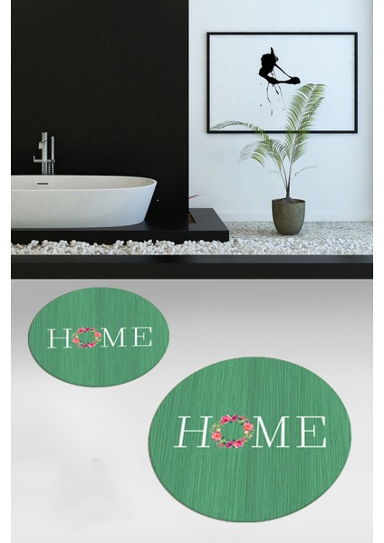 Dijital Baskılı Yıkanabilir Çiçekli Home Yazılı Ikili Yuvarlak Banyo Halısı Paspas, Klozet-12-Yeşil, indirimleri