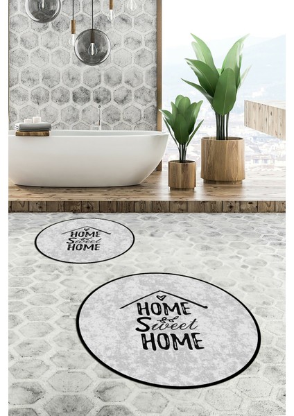 Dijital Baskılı Yıkanabilir Home Sweet Yazılı Ikili Yuvarlak Banyo Halısı Paspas, Klozet-14-Gri,