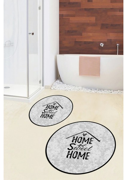 Dijital Baskılı Yıkanabilir Home Sweet Yazılı Ikili Yuvarlak Banyo Halısı Paspas, Klozet-14-Gri, fiyatları